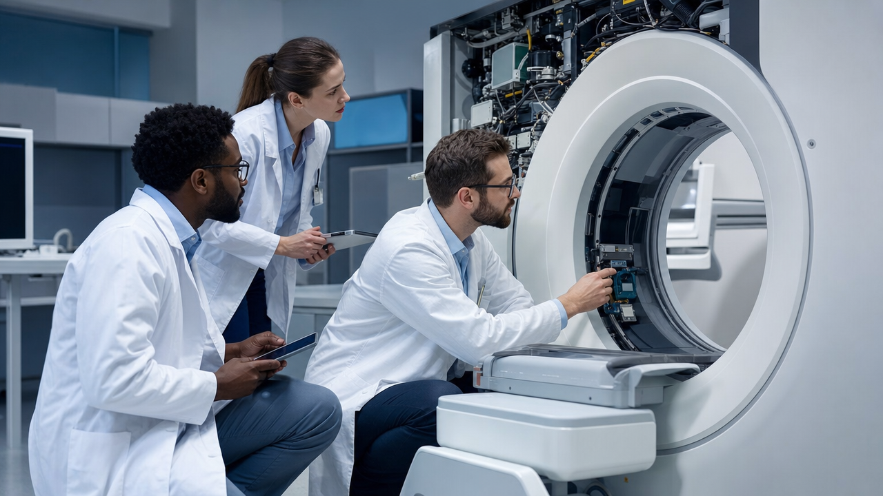 Equipe tecnica da AM com equipamento de diagnostico por imagem