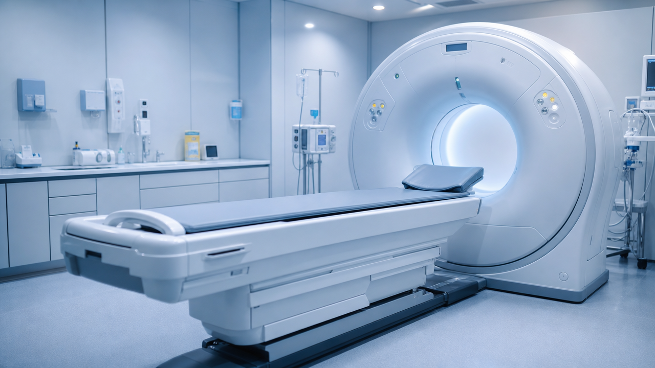 Sala de tomografia com equipamento CT e infraestrutura tecnica