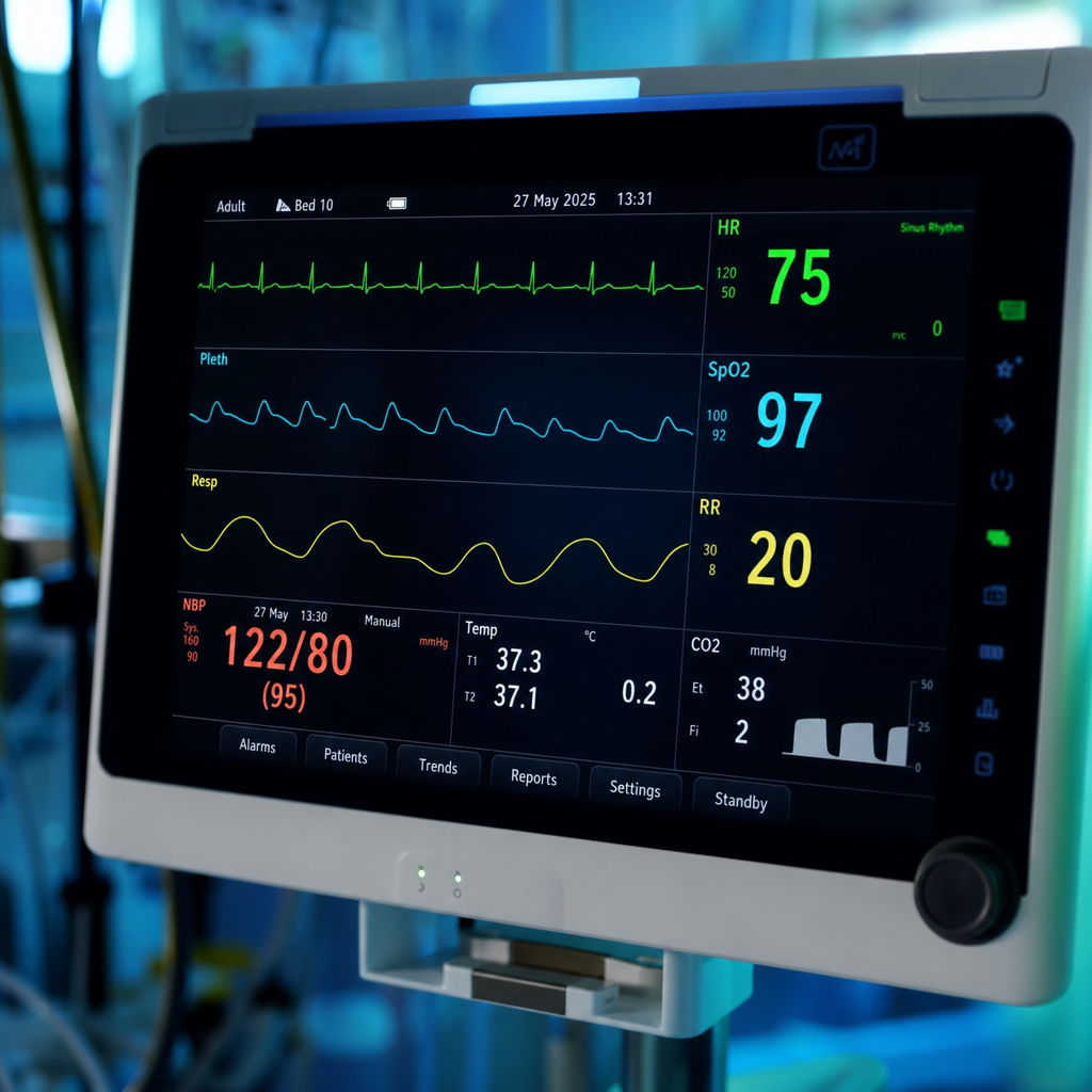 Monitor multiparametrico em UTI hospitalar com sinais vitais